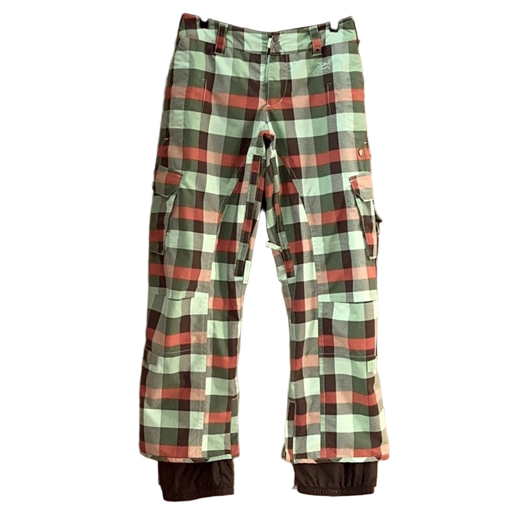 BURTON Stow cargo snow pants, green, orange and brown plaid, women’s size large